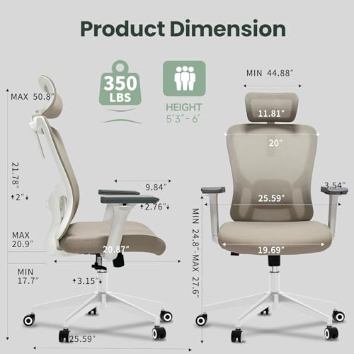 Image of Monhey Office Chair, Ergonomic Office Chair, Home Office Desk Chair for Big and Tall People, Computer Chair with Adjustable Headrest, Lumbar Support, Flip-Up Arms, PU Wheels (03khaki)