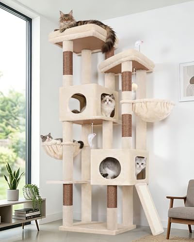 Globlazer Stabilny drapak o wysokości 182 cm z 2 wyściełanymi platformami, 2 niszami, 2 miękkimi koszami, deską sizalową, drzewkami dla 3-5 dużych kotów do odpoczynku w pomieszczeniach (S72E, beżowy)