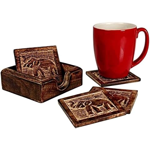 Handmade Wooden Elephant Set of 4 Coasters for Drink Tea Coffee Table White Distressed Coaster with Holder Stand Dining Home Decor Cover