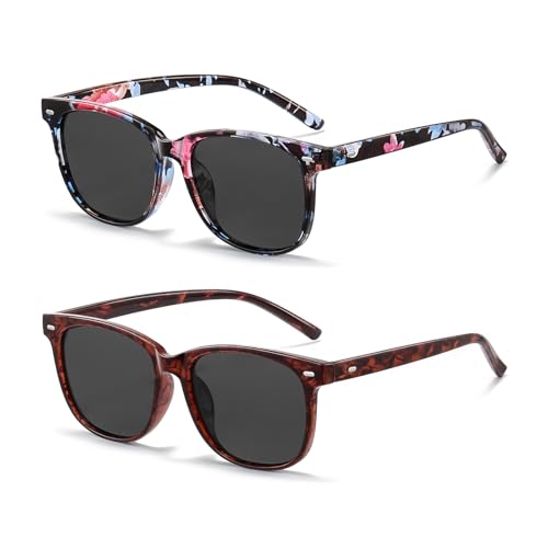 HAOLOTA Polarized Sunglasses for Women, Classic Round Sun Glasses for Driving Fishing lightweight UV400 Protection S07 Flower/Grey + Purple Tortoise/Grey