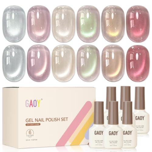 GAOY Glassy Cat Eye Gel Nail Polish Set, 6 Colors Pink Green Blue Purple Holographic Glitter Jelly Nail Polish, Reflective Translucent UV Gel for Manicure Art DIY