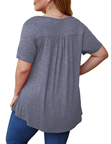 Folunsi Womens Plus Size Short Sleeve V Neck Tunic Tops Loose Casual Shirts Purple Grey 1X #TOP2
