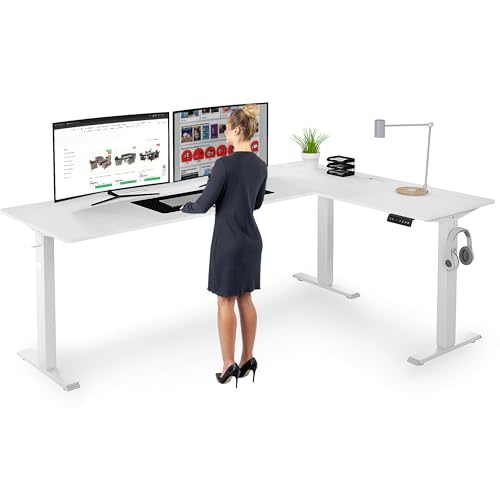 di volio Höhenverstellbarer Eckschreibtisch Trani rechts – elektrisch mit 2 Motoren & Memory-Funktion, Standing Desk mit Kabeldurchlässen & Haken, leise & ergonomisch (Weiß)