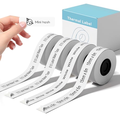 Compatible with SUPVAN E10 & E11 Label Maker Tape,Black on White,4 Rolls 0.59in Ã— 19.7ft (15mm Ã— 6m),Continuous Laminated Thermal Label Tape Refill, Standard Laminated Office Replacement