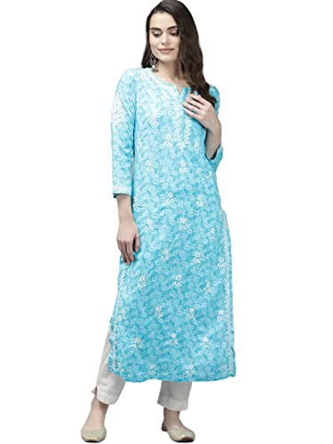 Image of Ada Women's Cotton Straight Fit Straight Hand Embroidered Lucknowi Chikankari Kurta Kurti A411378
