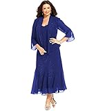 HUINI Abendkleider Chiffon Lang Ballkleid Hochzeitskleid Elegant Brautmutterkleider mit Bolero Party Mutterkleider Langarm Königsblau 58