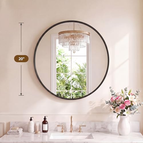 Image of NEWBULIG 20-Inch Round Wall Mirror, Bathroom Wall Circle Mirror with Metal Frame, Bathroom Decor for Entryway, Living Room, Vanity, Black