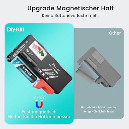 Dlyfull Batterietester – Batterie Tester für AA, AAA, C, D, 9V & 1.5V Knopfzellen – Akku Tester & Batterieprüfgerät ohne Strom – Präzises Batterie Messgerät für Haushalt & Profi (BT-168 Pro)