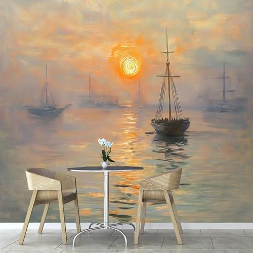 Tema Tramonto Barca A Vela Carta Da Parati 3d Fotomurale, 250×175 cm Pittura A Olio Astratta Murali Per Soggiorno Divano Tv Hotel A Tema Corridoio Di Lusso Sfondo Dipinto Murale