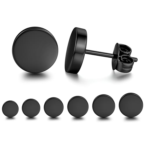 YADOCA 6 Pairs Black Stud Earrings for Men Women Hypoallergenic 316L Surgical Stainless Steel Round Dot CZ Ball Black Earrings Studs Set 3-12 MM