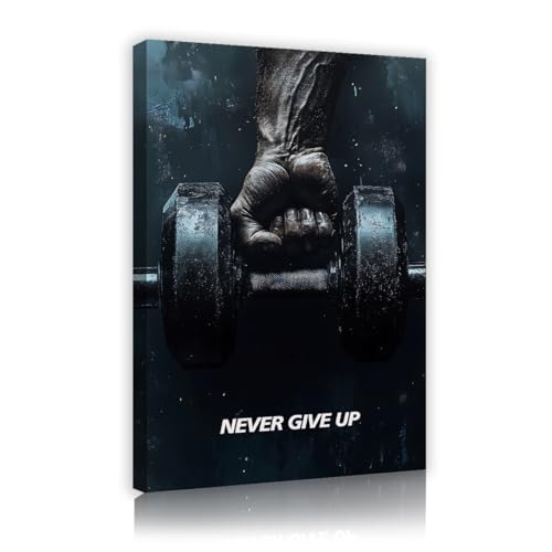 Never Give Up Framed Canvas Wall Art Gym Motivational Quotes Arm Muscle Dumbbell Poster Bodybuilding Fitness Artwork For Home Workout Room Garage Decor 12x18in