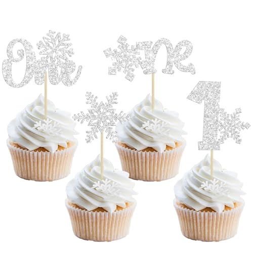 Gyufise 24Pcs Snowflake One Cupcake Toppers Silver Glitter Snowflake 1st Birthday Cupcake Picks for Winter Frozen Theme Baby Shower First Birthday Party Decorations Supplies