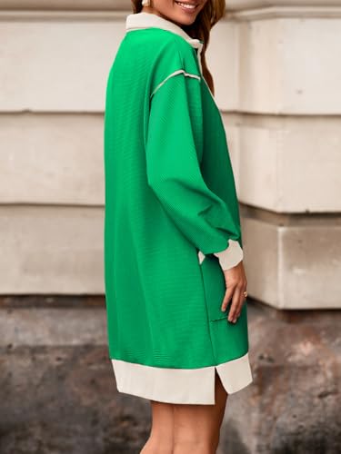 Image of Wenrine Womens Half Zip Sweatshirt Dress Fall V Neck Contrast Mini Dresses