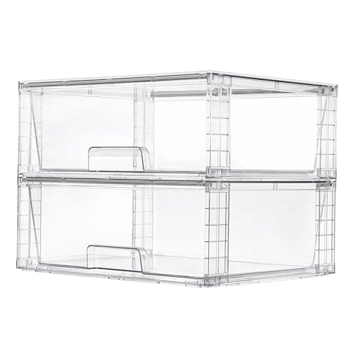 Vtopmart 2 Pack Large Stackable Storage Drawers,Easily Assemble Clear Acrylic Bathroom Closet Undersink Organizers,Plastic Storage Bins for Cabinet,Kitchen Pantry,Medicine Organization