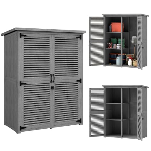 Outsunny Caseta de Jardín de Madera, 127x65x168 cm, Cobertizo Jardín Exterior, Armario para Almacenaje Herramientas, con 2 Puertas de Persiana 2 Estantes Techo Impermeable para Patio Terraza, Gris