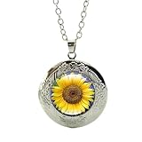 Women's Custom Locket Closure Pendant Necklace Sunflower Included Free Silver Chain, Best Gift Set
