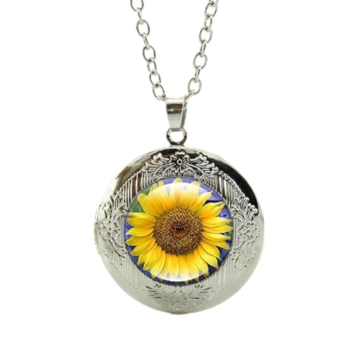 Women's Custom Locket Closure Pendant Necklace Sunflower Included Free Silver Chain, Best Gift Set