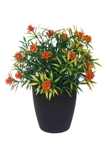 Image of Foliyaj Artificial Plant with Orange Flowers in Black Pot | Plants for Home Decor with Pot | Indoor Plants for Living Room