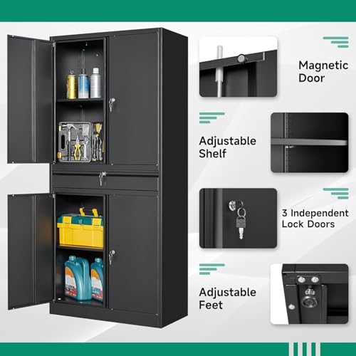 Image of Letaya Metal Garage Storage Cabinet with Drawer,4 Door Tool Cabinet with Lock-2 Adjustable Shelves for Garage Home Office Utility Room (Black)