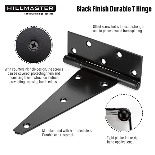 Hillmaster 8 Inch T-Strap Heavy Duty Shed Door Hinges Gate Strap Hinges Black Tee Hinge Wrought Hardware For Wooden Fences,Yard,Barn Door,Rustproof (4 Pack) #TOP3