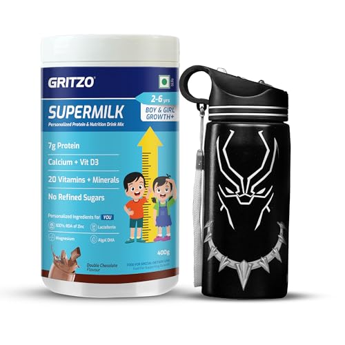 Image of Gritzo SuperMilk Growth+ (Formerly Height+) (2-6y Boy & Girl), 7g Protein Powder (Double Chocolate, 400g) with Black Panther Sipper Bottle (Black, 500ml)