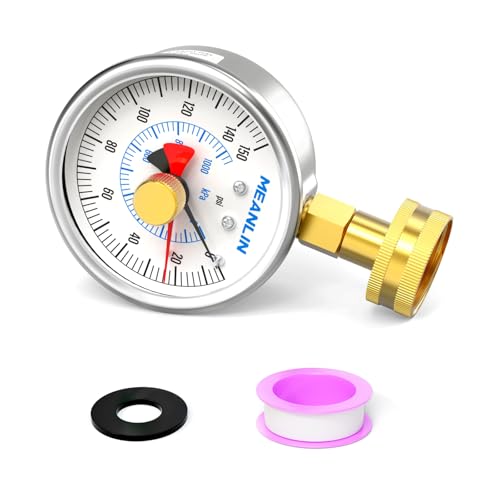 Image of MEANLIN MEASURE Stainless Steel 0~150Psi 3 /4 inch Female Water Pressure Test Gauge, 2.5 inch FACE DIAL with Red Indicator Hands, Dry Hydraulic Tester Suitable for Gardens, Water Pipes