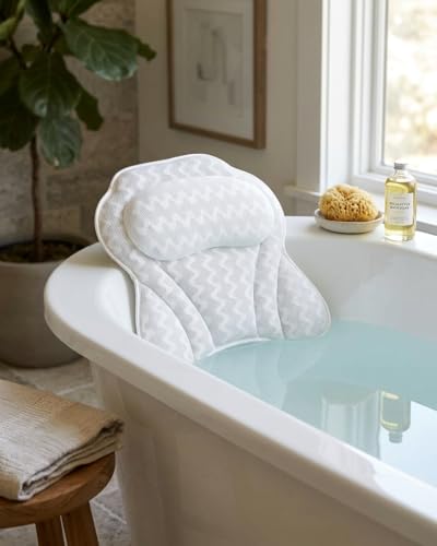 Image of Premium Bath Pillow with 6 Strong Suction Cups, Soft Mesh Neck and Back Support, Ergonomic Tub Pillow for Relaxing Bath, White by Texco International