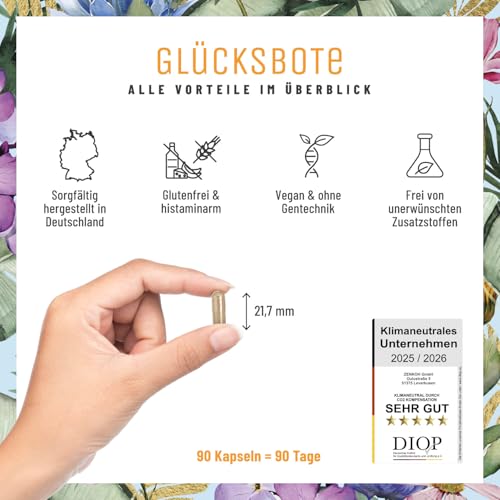 NATURTREU® GLÜCKSBOTE 5-HTP Komplex – 90 vegane Kapseln mit 100mg 5-HTP aus Griffonia, Safran, Zitronenmelisse & Vitamin B6 – hochdosiert, ohne Zusatzstoffe – Stimmungskapseln