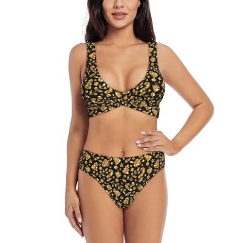 Trajes de baño para mujer, bikini 2024, conjunto de bikini de cintura alta suave y elástico dorado para mujer, Negro, XXL
