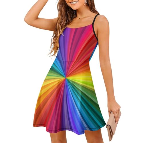 Robe à bretelles arc-en-ciel multicolore : coupe fluide d'été sans manches pour look de plage