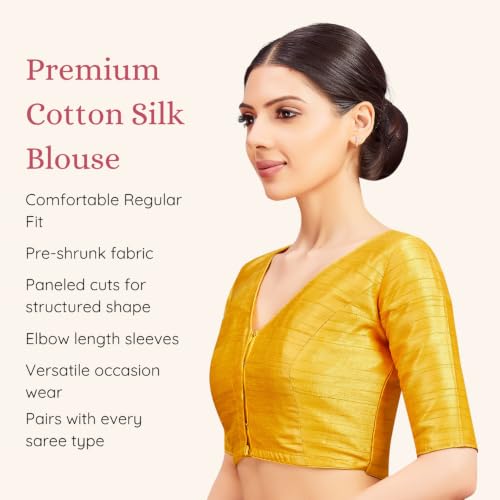 Image of Studio Shringaar Women Readymade Raw Silk V Neck Saree Half Sleeve Blouse