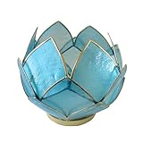 Blooming Lotus Capiz Shell Tealight Candle Holder, Handcrafted Decorative Tea Light Candleholder with Translucent Flower Petals for Ambient Illumination and Natural Elegance, Aquamarine