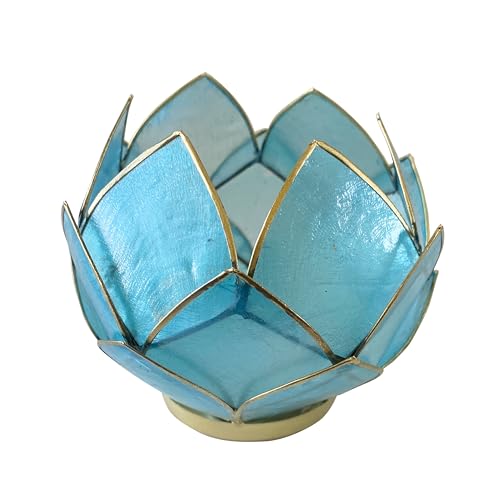 Blooming Lotus Capiz Shell Tealight Candle Holder, Handcrafted Decorative Tea Light Candleholder with Translucent Flower Petals for Ambient Illumination and Natural Elegance, Aquamarine