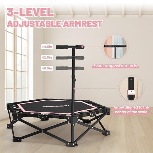 HXD-ERGO 42'' Foldable Mini Trampoline, Rebounder Trampoline with Adjustable Foam Handle, Fitness Trampoline for Indoor, Outdoor, Home Gym, Max Load 460 lbs (Pink)
