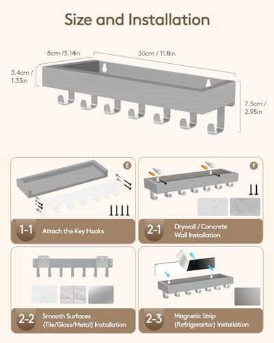 Image of Key Holder Wall Mount Magnetic Adhesive - Key Hooks Rack with shelf | Key Hanger with Mail Organizer for RV Camper Fridge Living Room Decor, Home Essentials, Large Grey