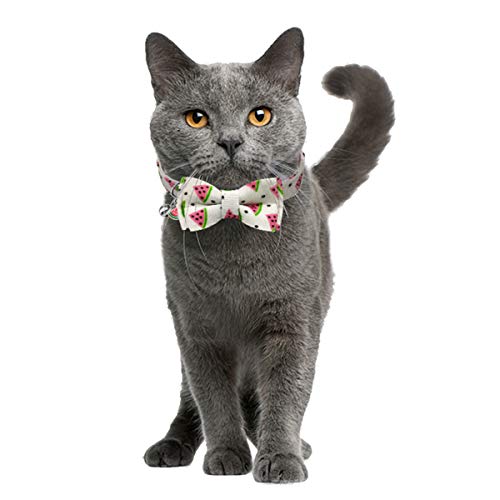 KUDES 2 Pack/Set Printed Cat Collar Breakaway with Bell Charms and Bowtie, Cute Kitten Bow Tie Collars for Kitty Puppies and Other Small Pets, Adjustable 7.8 to 10.5 Inch (Watermelon & Avocado)