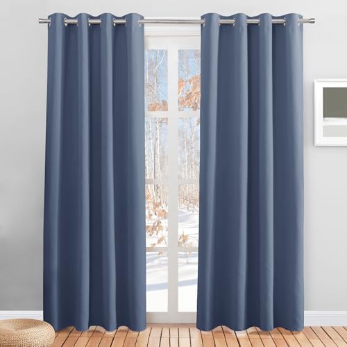 PONY DANCE Wohnzimmer Gardinen Blickdicht Thermovorhang gegen Kälte | 2er Set 200cm Lang, Dunstblau, Vorhang Blackout, Kälteschutz, Sichtschutz, UV-Schutz, Ösen, für Schlafzimmer K