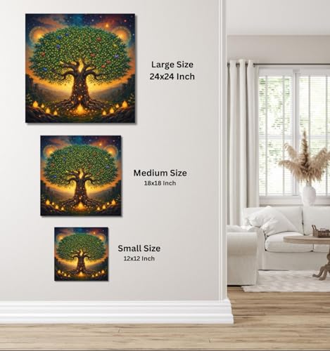 Image of Kunj Cart Kalpavriksha Tree Painting | 8+ DESIGNS | Kalpvriksh Tree Wall Painting | Lucky Tree Wall Art For Living Room, Bedroom and Office Decor | Canvas Painting for Wall Decoration (Design - C, 24x24 Inch, Framed)