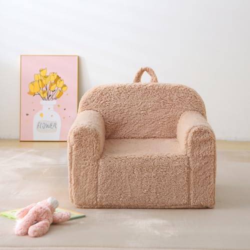 MAMAJOVE Toddler Chair Comfy, Plush Sherpa Kid Reading Chair, Removable Washable Cover, Lightweight Portable Foam Seat, Light Brown