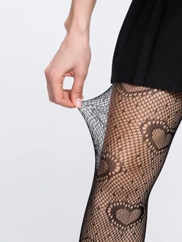 Black Fishnet Tights for Women – Sexy High Waist Heart Patterned Pantyhose | Gothic Mesh Stockings for Cosplay, Clubwear, Parties, Festivals, Plus Size & One Size Options Available3