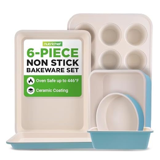 NutriChef 6-Piece Baking Pan Set, Premium Carbon Steel Bakeware with Durable Ceramic Non-Stick Coating - Includes Wide Baking Pan, Medium Size Cookie Sheet, Muffin Pan, Cake & Loaf Pan - Turquoise