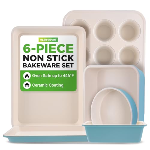 NutriChef 6-Piece Baking Pan Set, Carbon Steel Bakeware with Premium Ceramic Nonstick Coating, Includes 12-Cup Muffin Pan, Cake & Loaf Pan, Wide Bake Pan, & Cookie Sheet - Turquoise by NutriChef - Used condition - US$23.70