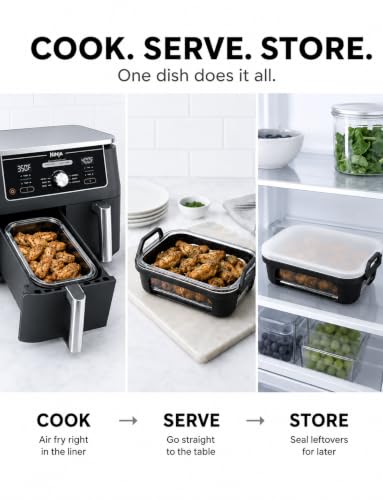 Image of Glass Air Fryer Liner for Ninja Dual Basket Air Fryers DZ401 DZ550 SL401, Reusable Borosilicate Glass Bowl with Silicone Base Handles, Dishwasher Safe Reusable Accessory Set with Tray & Lid