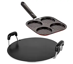 Nirlon 2 Pieces Non-Stick Coated Dishwasher Safe Cookware Utencil Combo Gift Set of Casting Uttapam-4 Cavity & Round Tawa-28.5cm (Color-Red)
