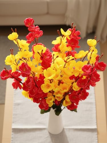 Image of ARTSY Artificial Flowers Bunch for Decoration Cherry Blossom, Ideal for vase, Home, Office Decor, Gifts, Craft, Artificial Plants for Decoration, Without vase, Yellow Maroon, Combo, 2 Pieces