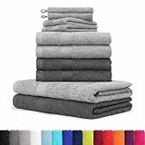 BaSaTex 10er Pack Handtuch Set - Frottee Handtücher mit Aufhängeschlaufe - 4X Handtuch, 2X Duschtuch, 2X Gästetuch, 2X Waschhandschuh - Öko-Tex Made in Green Zertifiziert - Anthrazit Silber