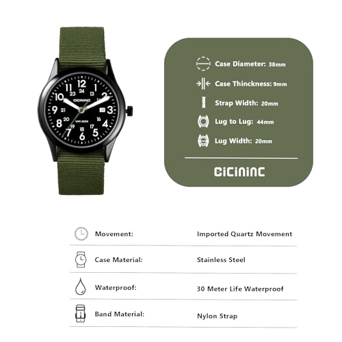 cicininc Expedition Scout Wrist Watch for Men Women 38mm Rugged Outdoor Wind Up Military Analog Watches, Everyday Quartz Wristwatch for All