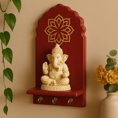 Image of Globally Indian Engineered Wood Keys Holder for Wall with Shelf | Mandala Design Key Stand Organizer for Home Entrance |Decorative Key Hanger for Wall, Entryway, Living Room |Floating Wall Shelf (Red)