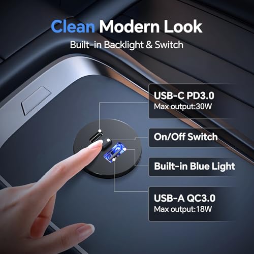 acegoo Gniazdo USB C 12V Kamper 48W Aluminium Ładowarka samochodowa z przełącznikiem&Niebieskie światło, podwójne gniazdo PD3.0 i QC3.0 szybkie ładowanie do łodzi morskiej, ciężarówka przyczepa,2PCS