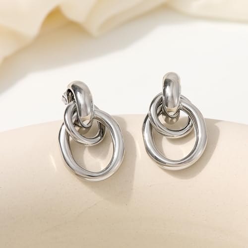 Image of SHERLOVE Trendy Silver Geometric Link Earrings for Women Chunky Statement Drop Dangle Earrings Lightweight Hypoallergenic Fashion Silver Jewelry